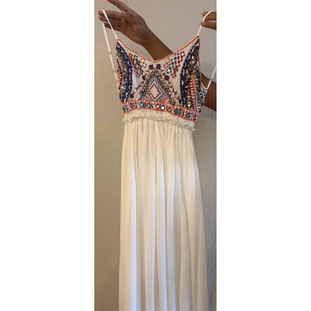 Boho Embroidered Mirror Sequin Maxi Dress White Low Back Festival Summer medium